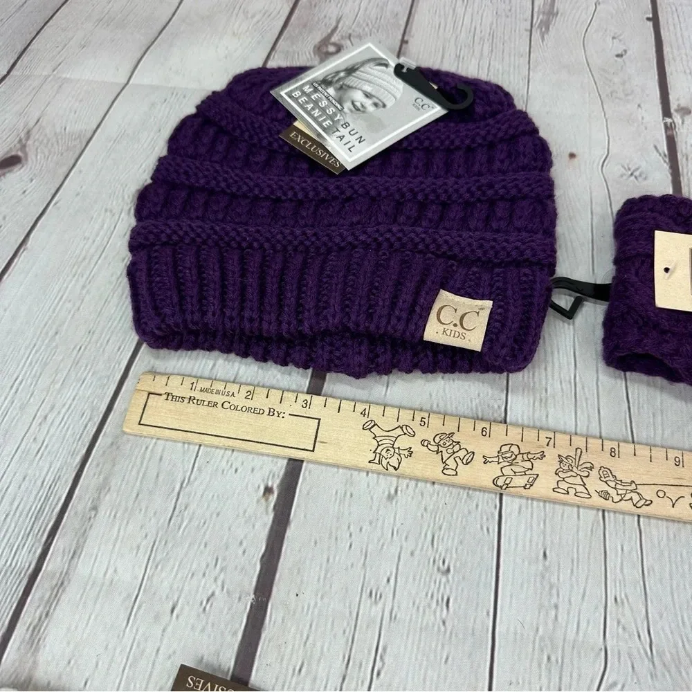 NWT boutique C.C. beanie and headband deep purple kids messy bun beanie tail